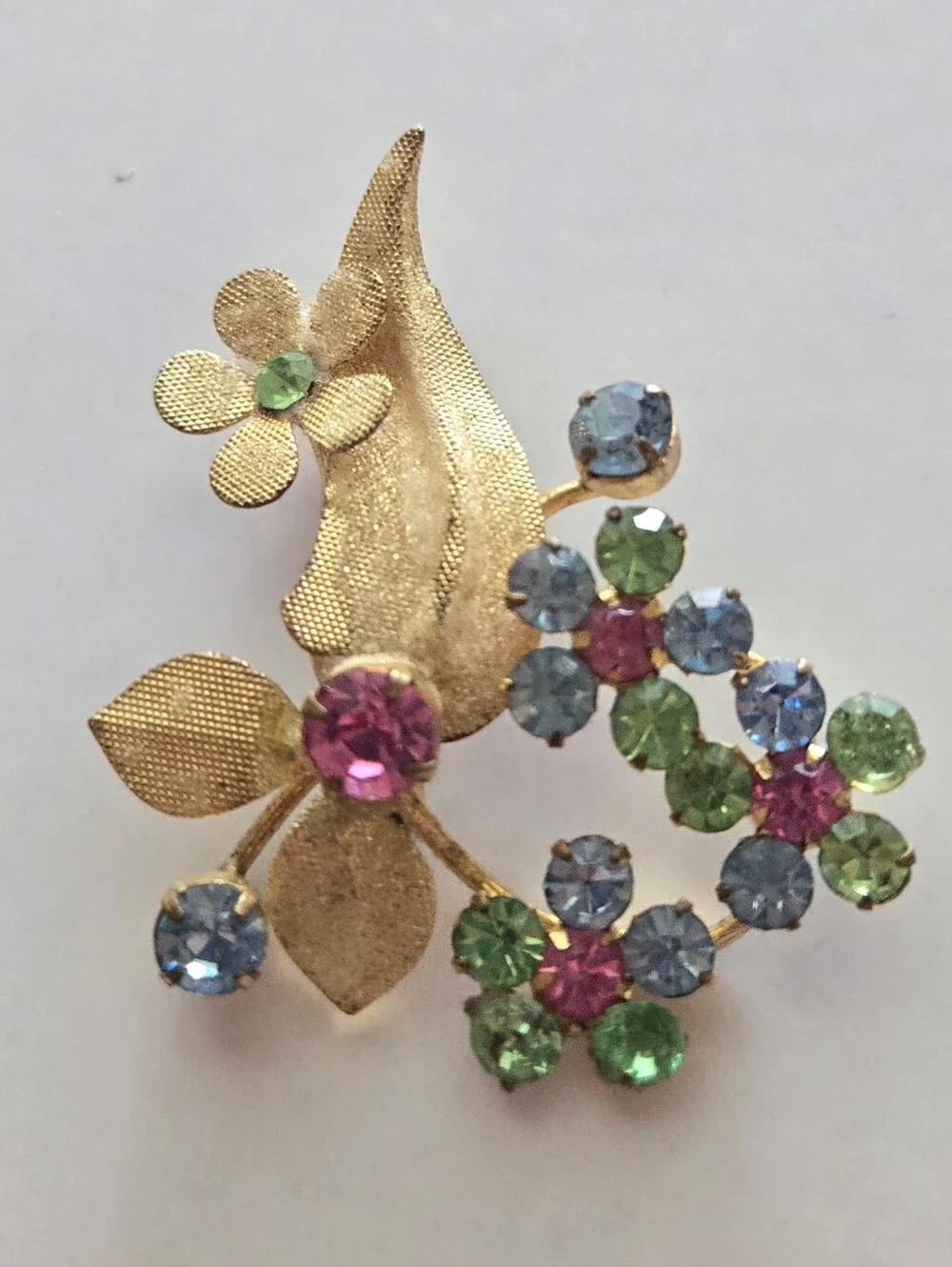 Vintage Flower Bouquet Brooch Multicolored Uranium Rhinestones Glows